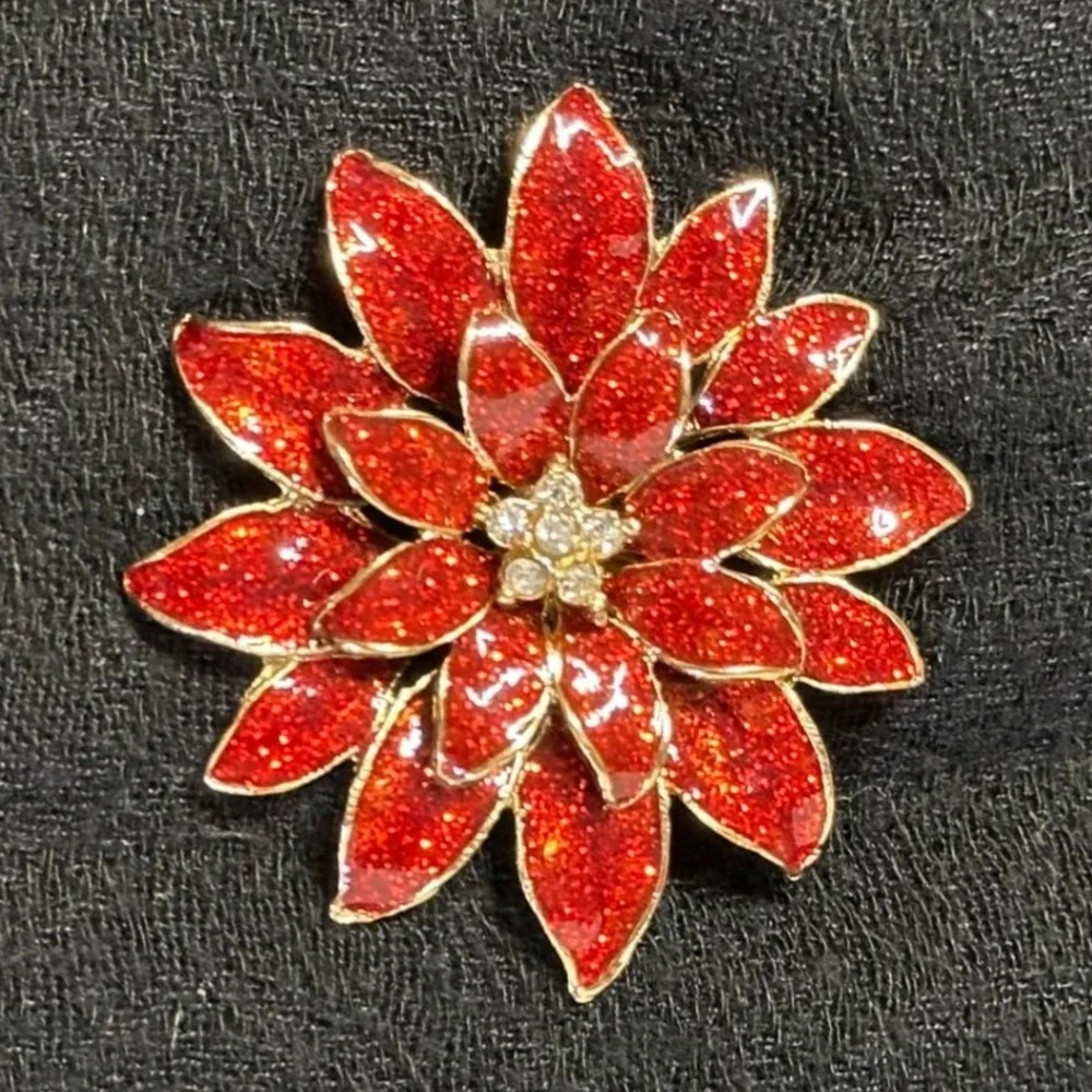 Vintage Poinsettia Brooch Red Glitter Enamel Rhinestone‎ Christmas Pin